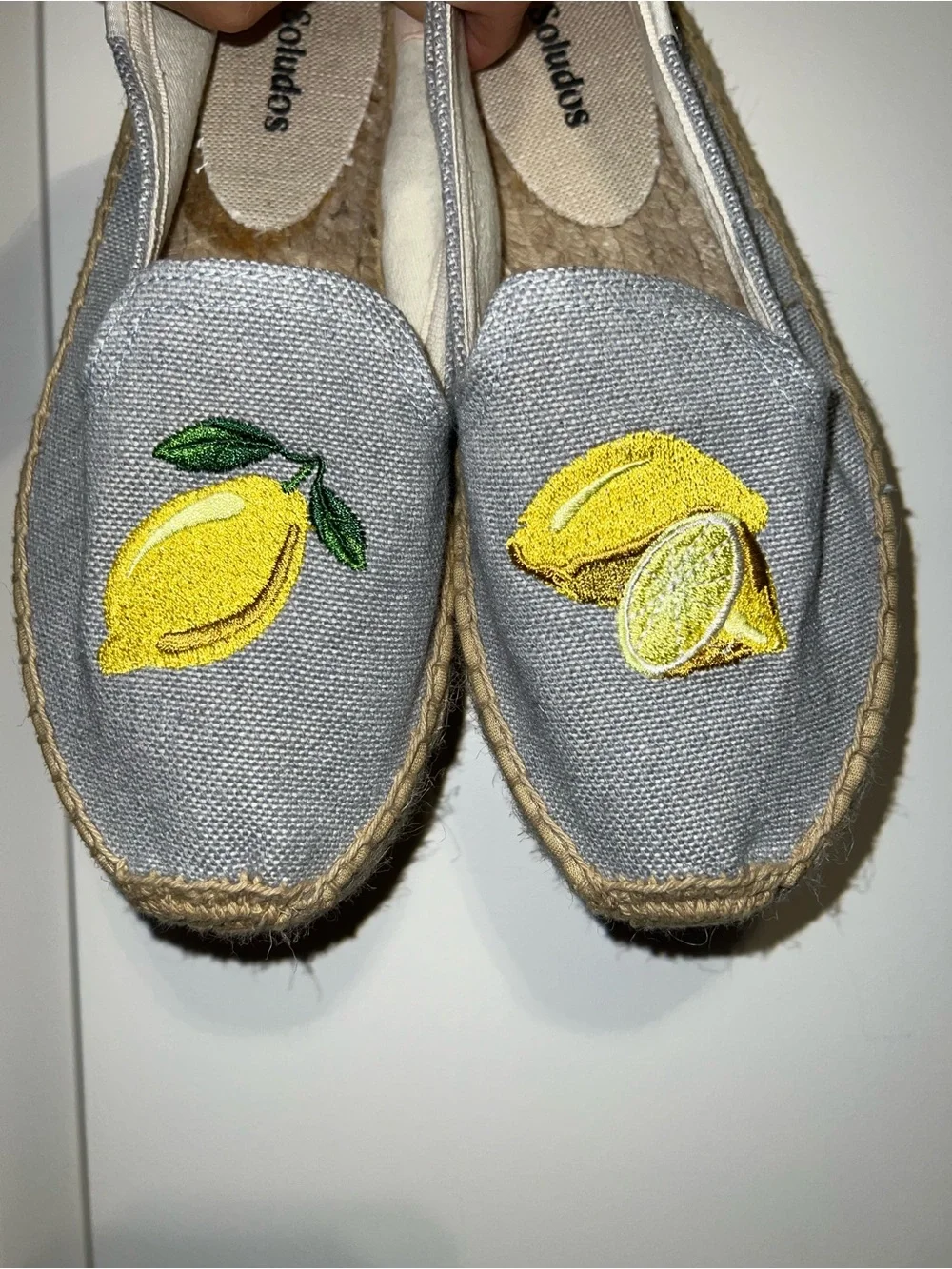 Soludos Light Blue Denim Espadrilles with Yellow Lemon Embroidery